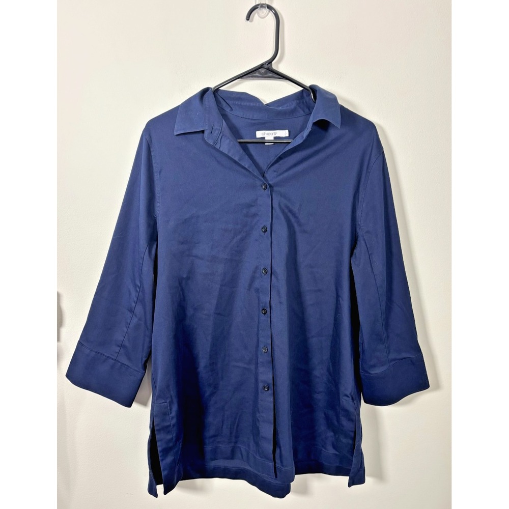 Chico's Size 2 (Large) Navy Blue Collared Button Up Long Sleeve Shirt Blouse